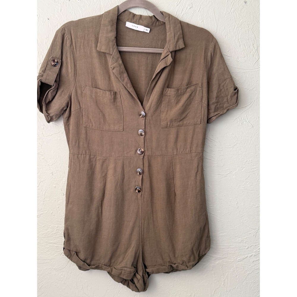 Lush Olive Green Button Down‎ Short Sleeve Utility Romper Size Medium